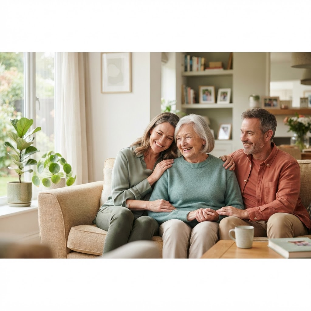 A family sitting together with their smiling elderly mother at home